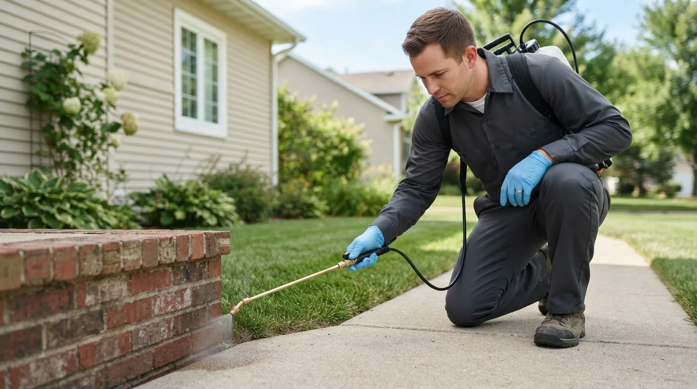 Pest control technician treating a home near Gideon, MO