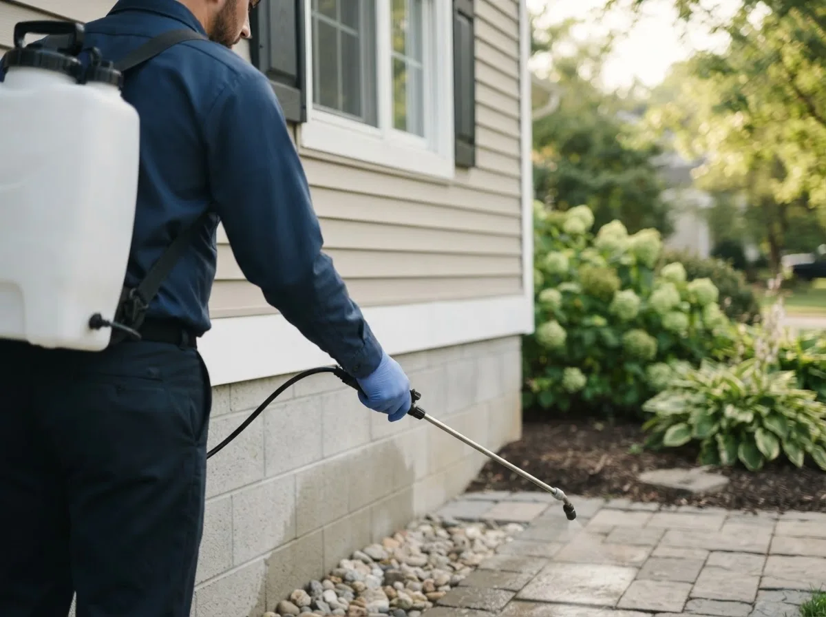 Pest control technician inspecting a home in Gideon, MO